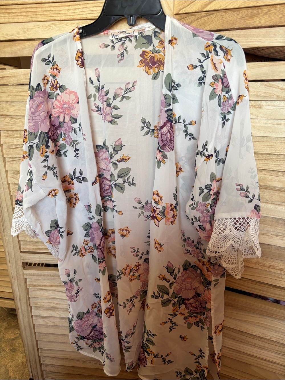 Wildflower Sheer Kimono Cover-Up with Lace Trim Large